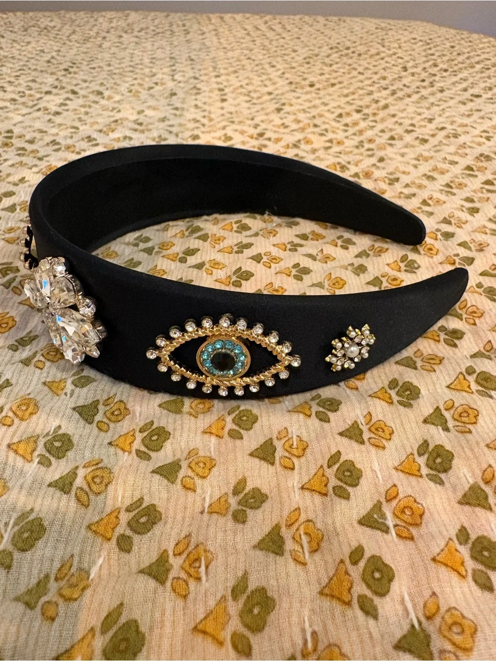 NWOT Boutique Embellished Black Satin Headband with Crystal Evil Eye Accent
